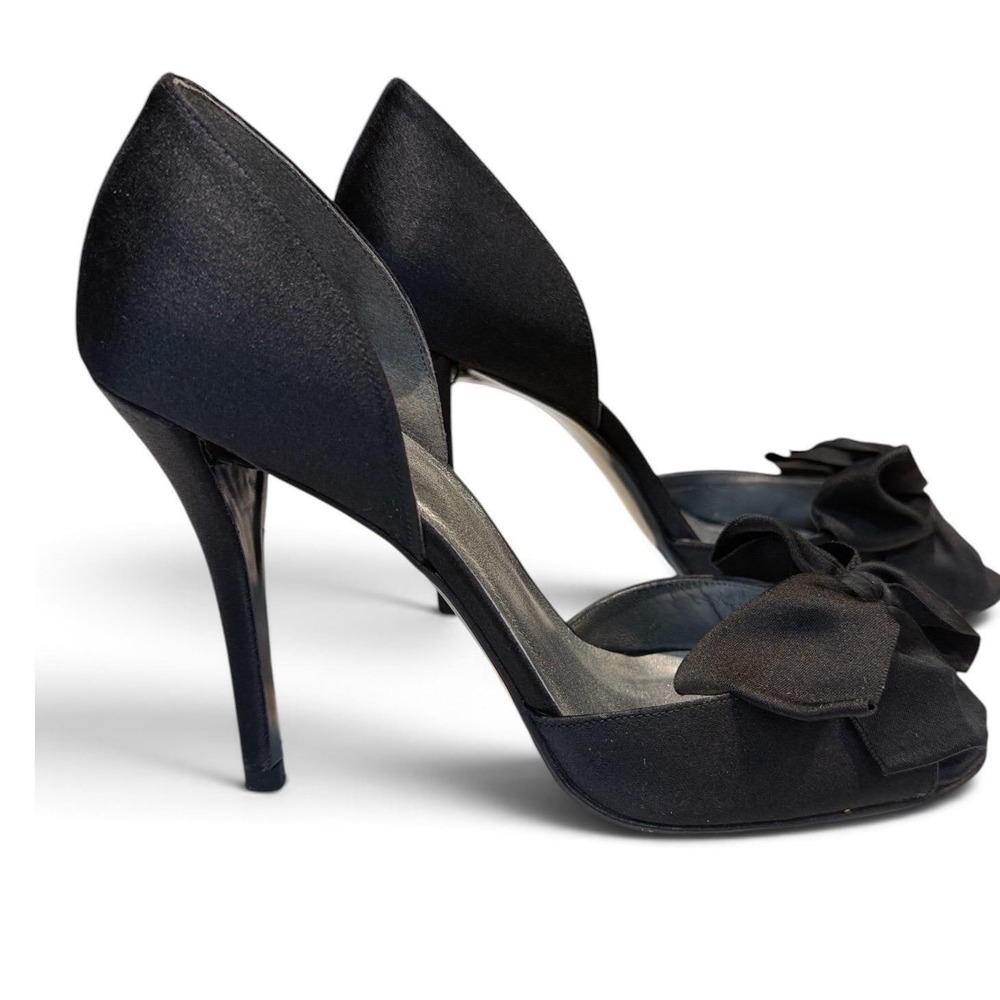 Stuart Weitzman Black Satin Bow Peep Toe d'Orsay Heels Womens 8 Used Good 13958